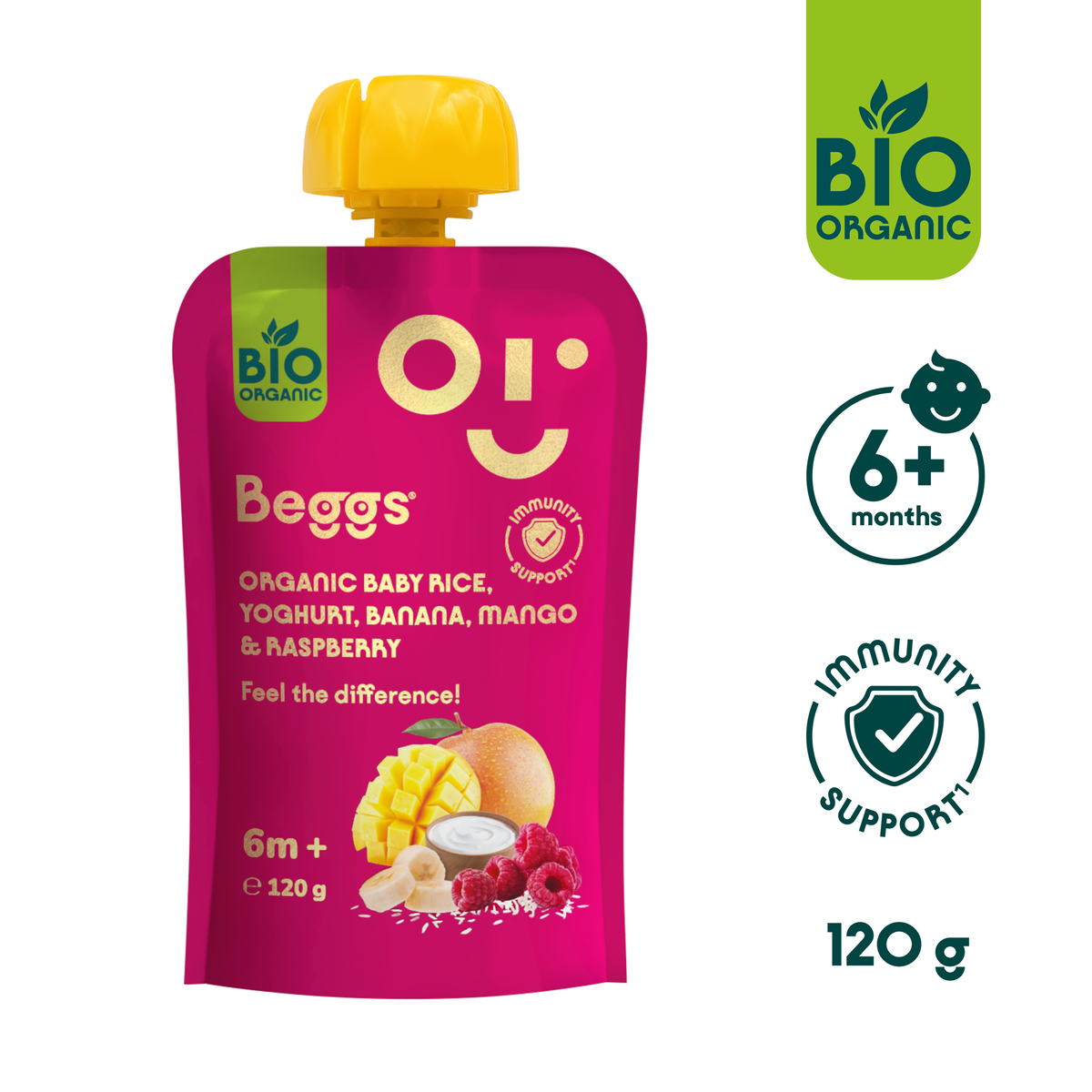 Beggs BIO Babyreis mit Joghurt, Banane, Mango und Himbeeren (120 g)