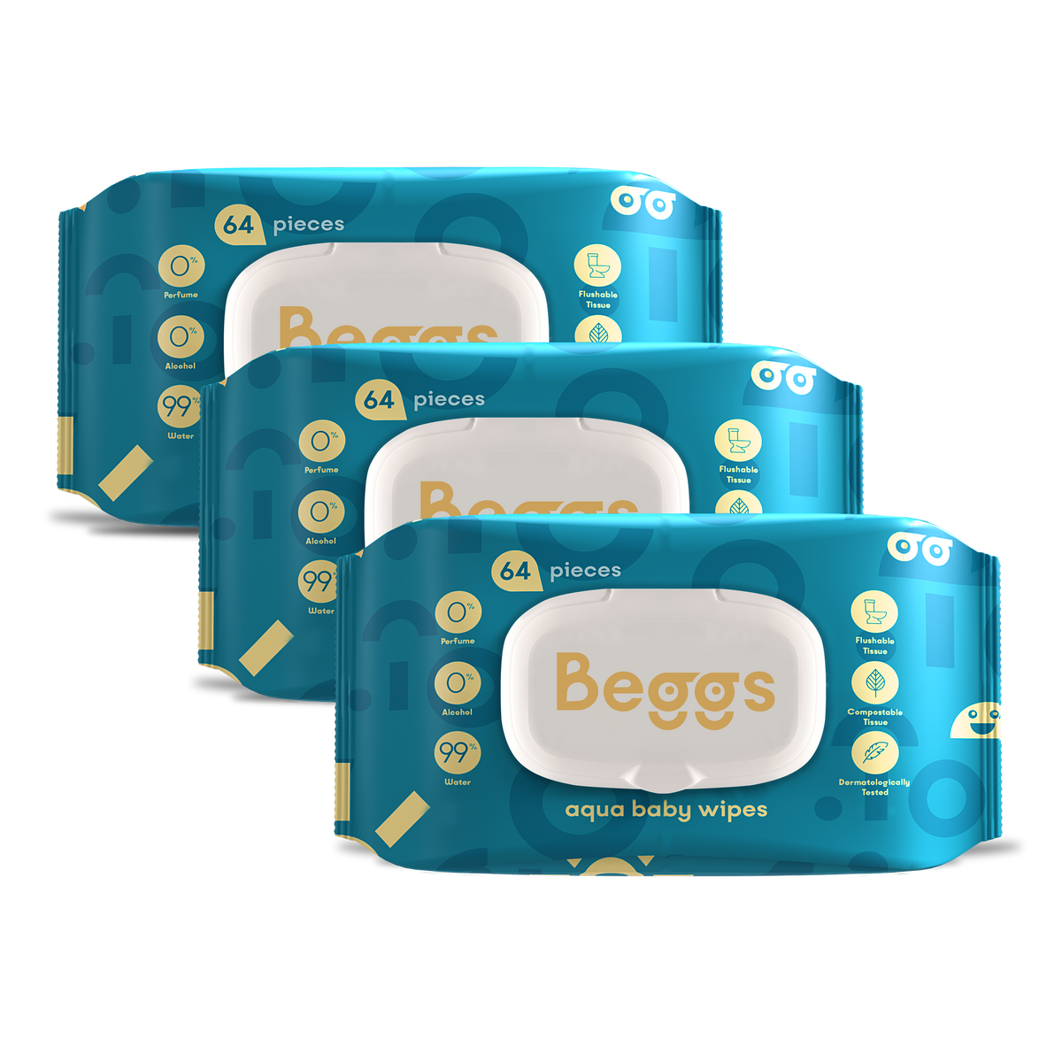 3x chusteczki nawilżane Beggs do spłukiwania (64 szt.)