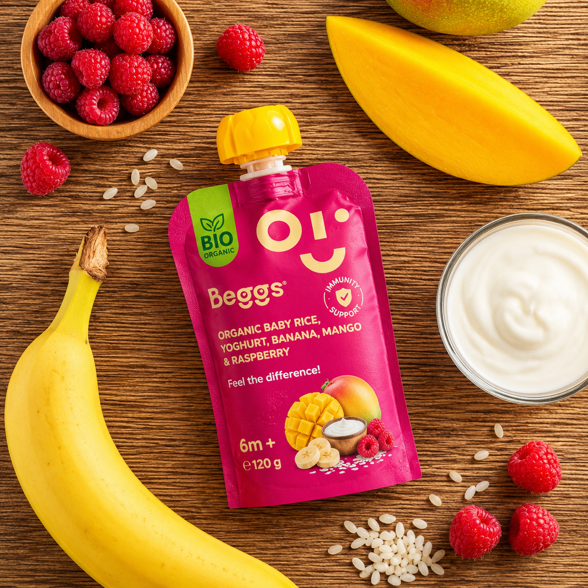 Beggs BIO Babyreis mit Joghurt, Banane, Mango und Himbeeren (120 g)