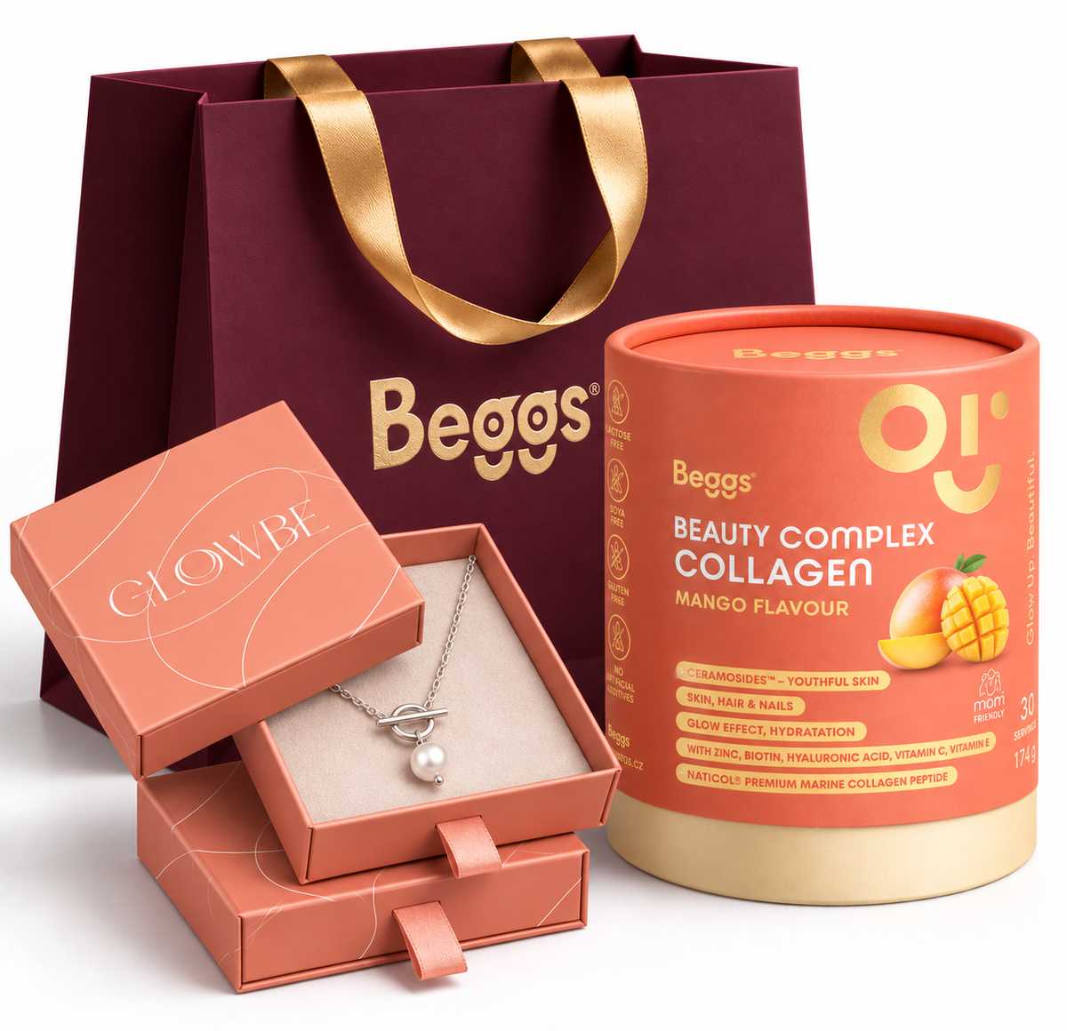 Pakiet prezentowy dla niej: Kolagen Beauty and Glow + naszyjnik z pereł